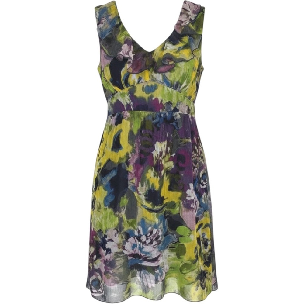 Ann Taylor Babydoll Dark Floral Watercolor Ruffle Dress Purple Green Yellow 8‎ P